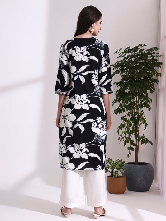 Floral Embroidered Straight Cotton Kurta
