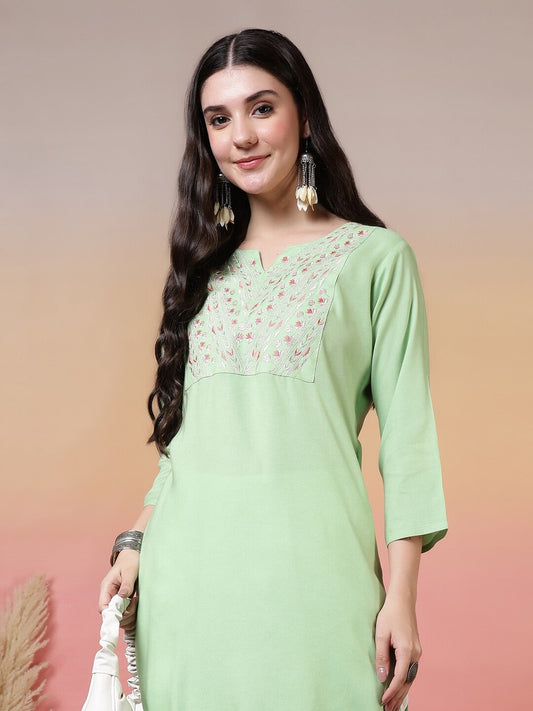 Solid Embroidered Straight Kurta