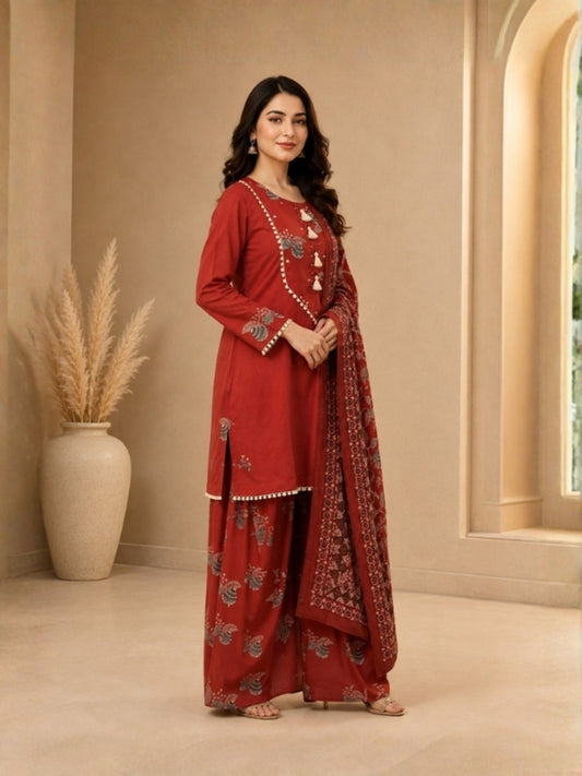 Floral Embroidered Straight Cotton Set
