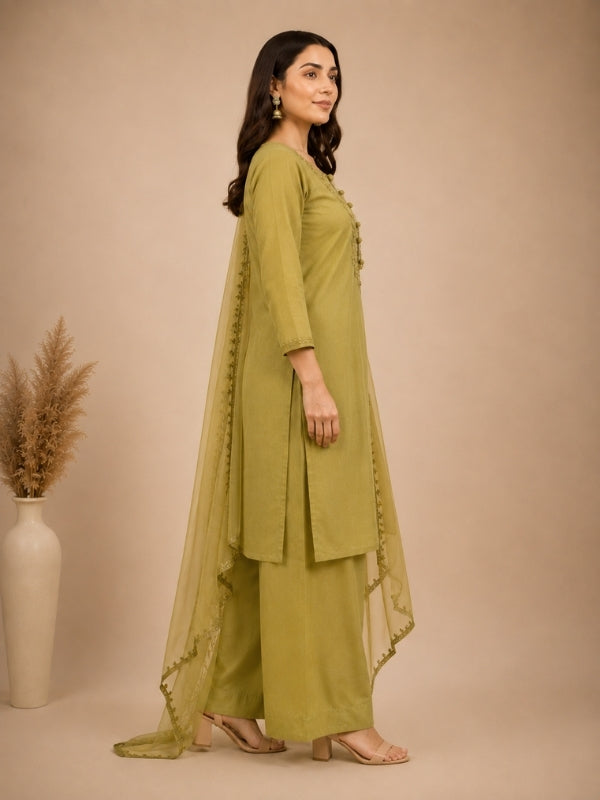 Solid Embroidered Straight Linen Set