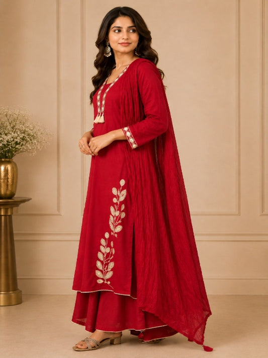 Floral Embroidered A-Line Cotton Set
