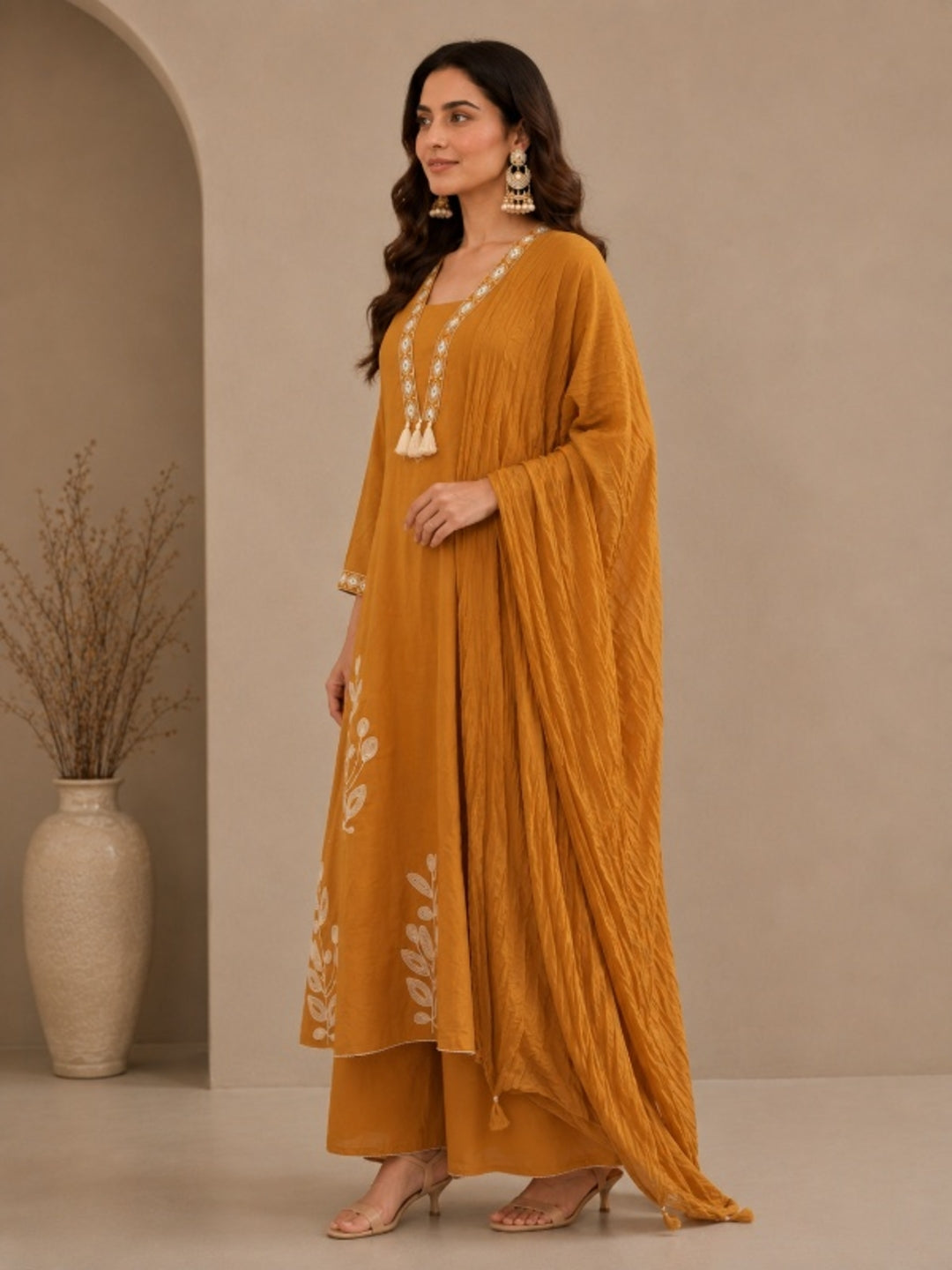 Floral Embroidered A-Line Cotton Set