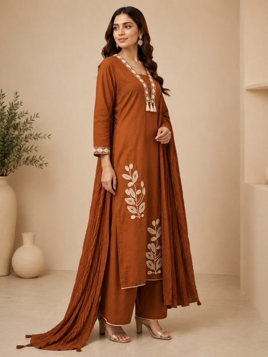 Floral Embroidered A-Line Cotton Set