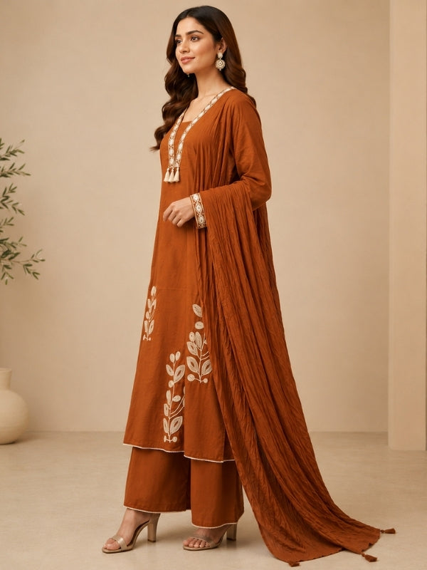 Floral Embroidered A-Line Cotton Set