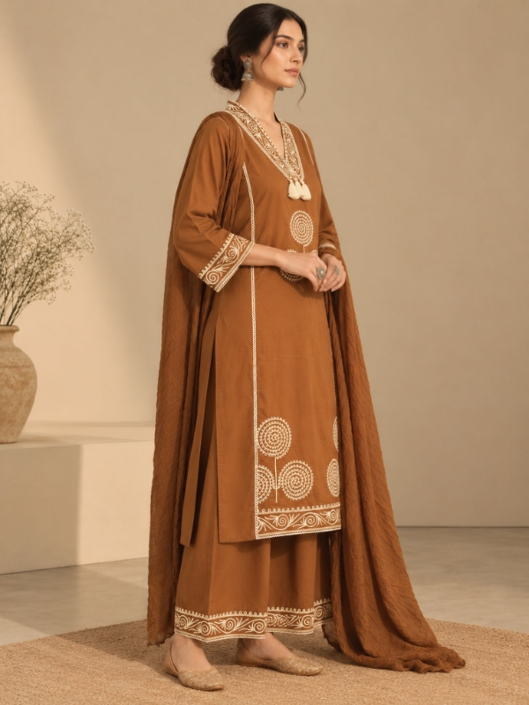 Floral Embroidered Straight Cotton Set
