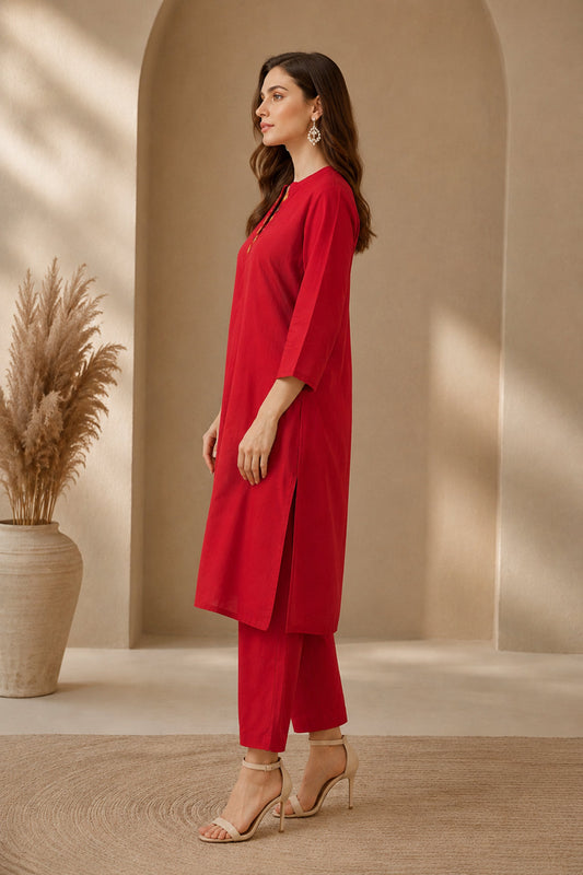 Solid Embroidered Straight Cotton Set