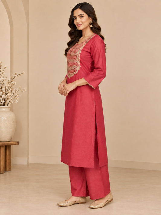Solid Embroidered Straight Kurta Set