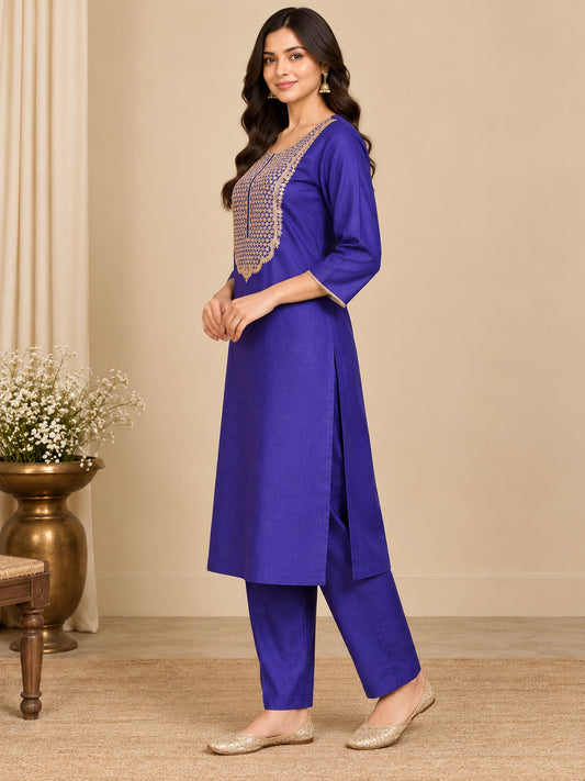 Solid Embroidered Straight Kurta Set