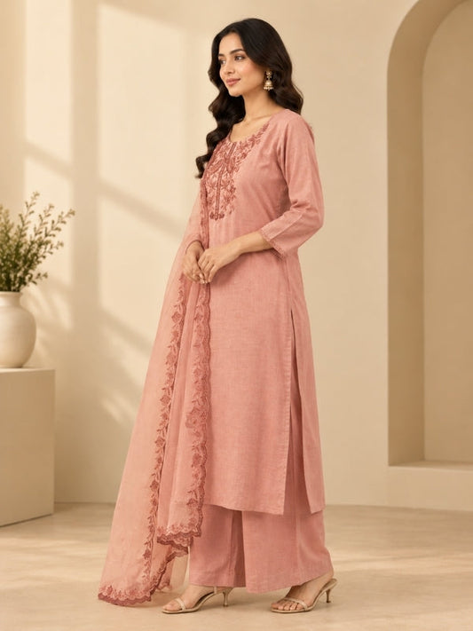 Solid Embroidered Straight Linen Set