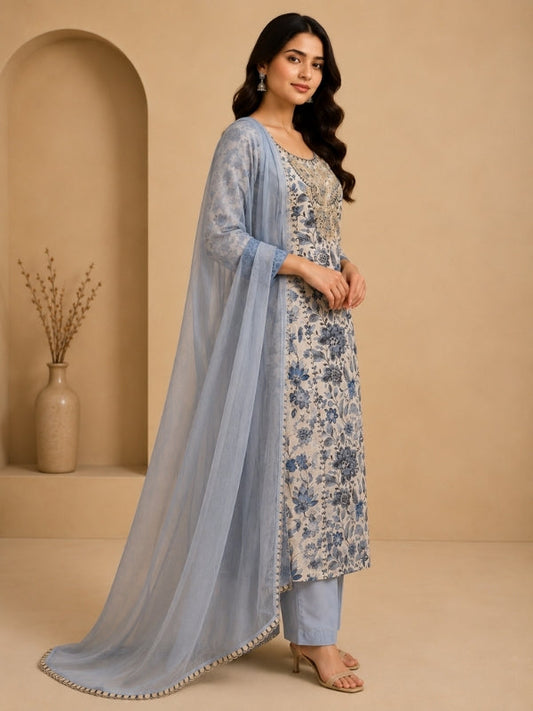 Floral Embroidered Straight Cotton Set