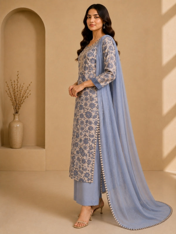 Floral Embroidered Straight Cotton Set