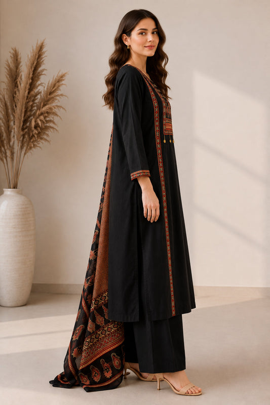 Solid Embroidered Straight Cotton Set