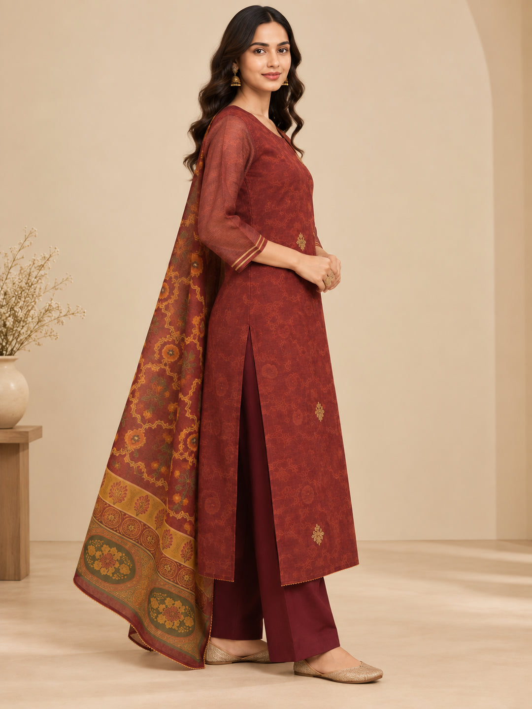 Floral Embroidered Straight Cotton Set