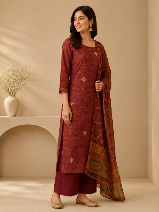 Floral Embroidered Straight Chanderi Set