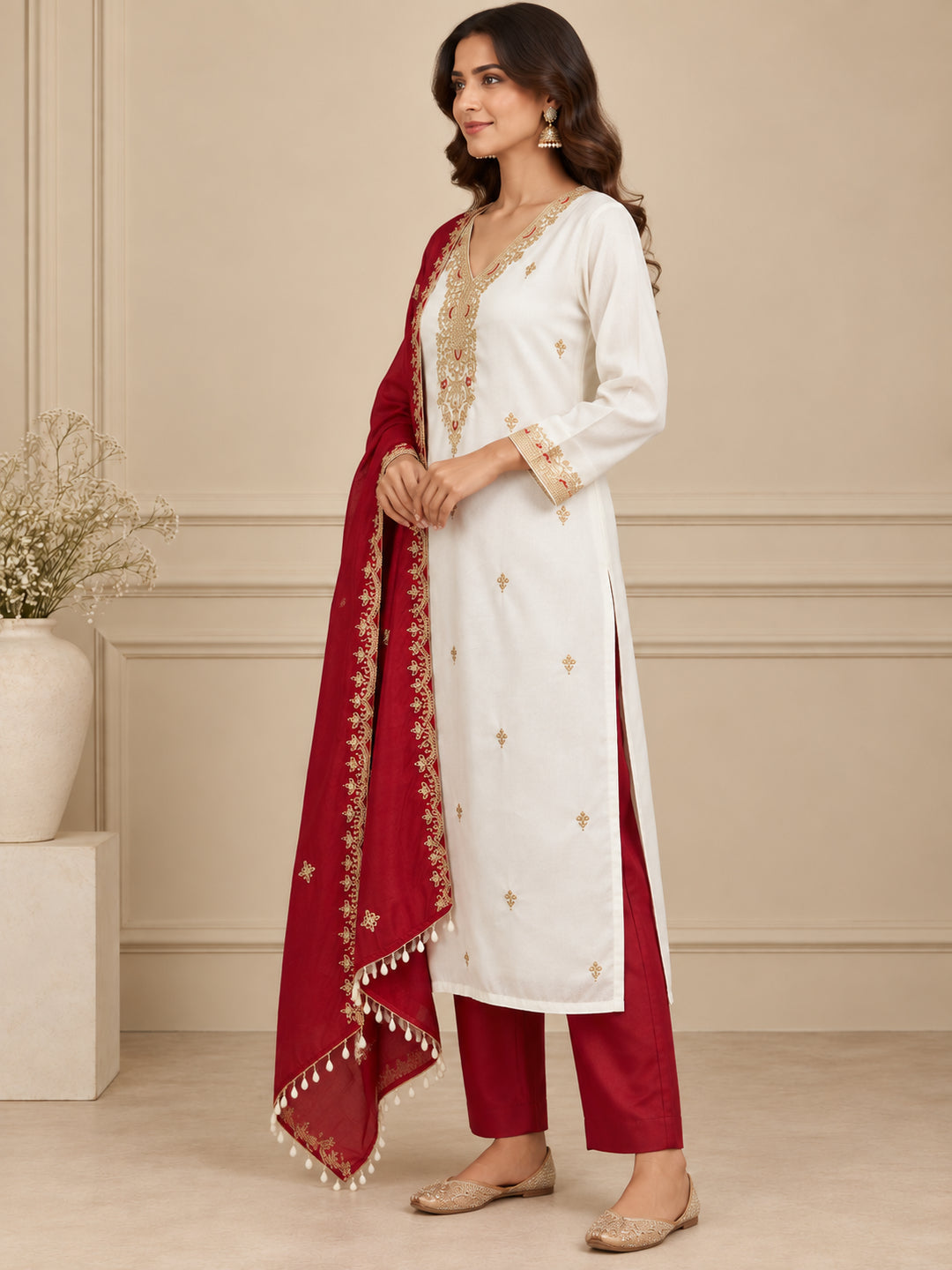 Floral Embroidered Straight Silk Set