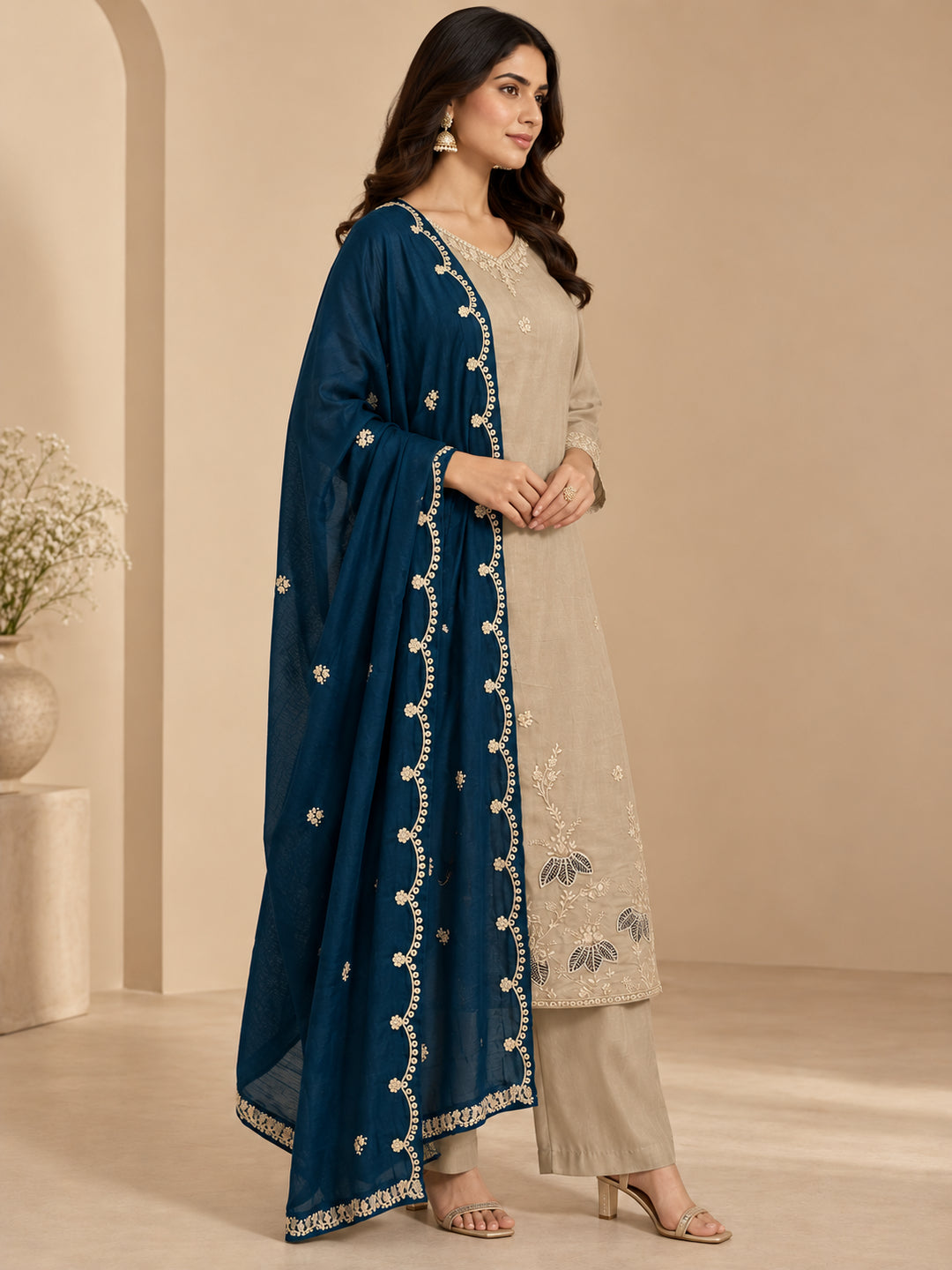 Floral Embroidered Straight Silk Set