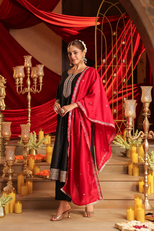 Floral Embroidered A-Line Silk Set