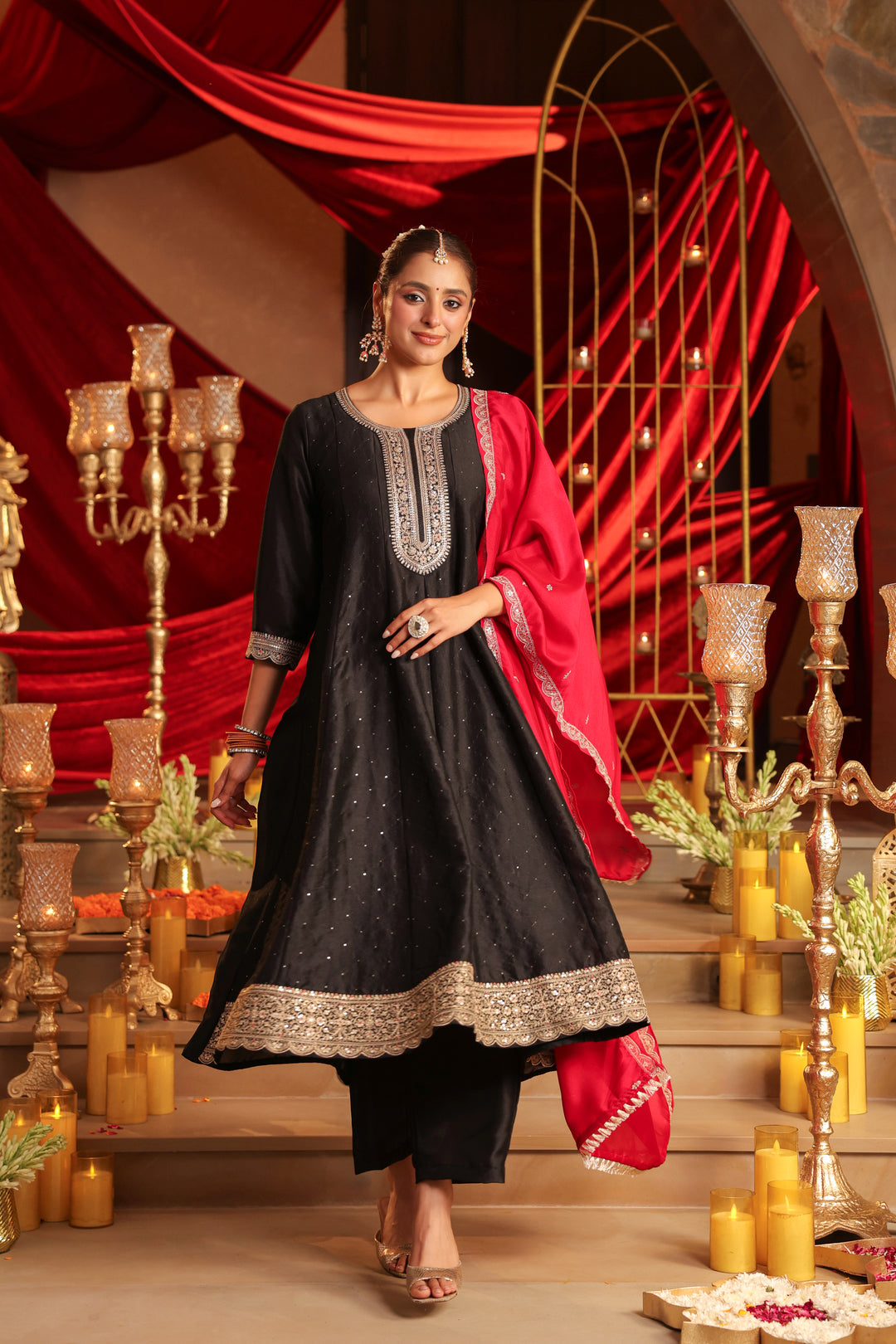 Floral Embroidered A-Line Silk Set