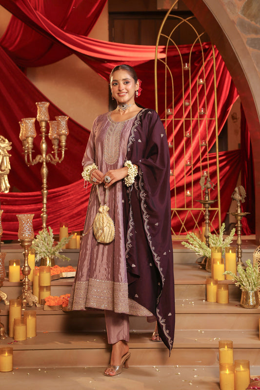 Floral Embroidered A-Line Silk Set