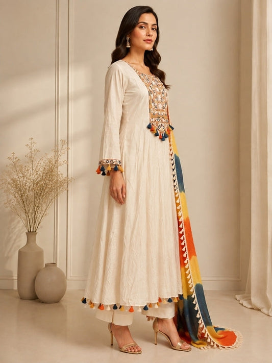 Solid Embroidered A-Line Cotton Set