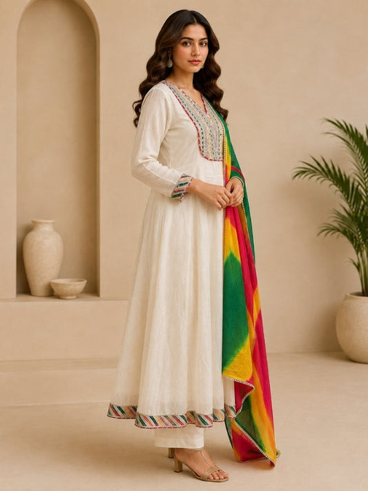 Solid Embroidered A-Line Cotton Set