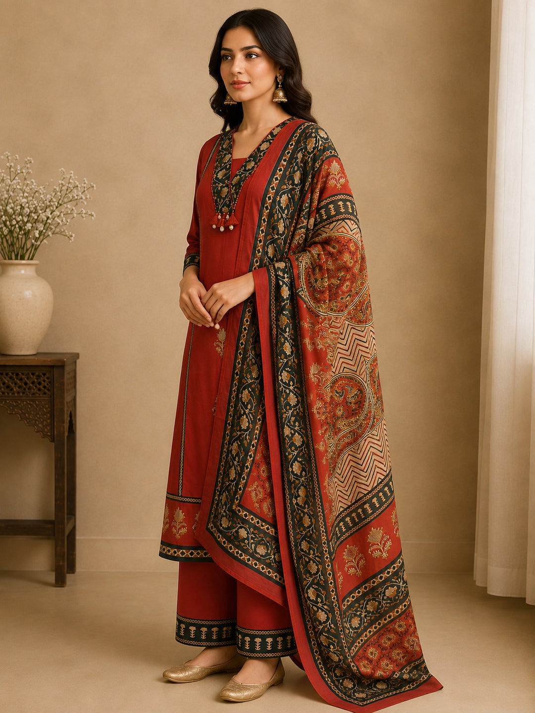 Floral Embroidered A-Line Cotton Set