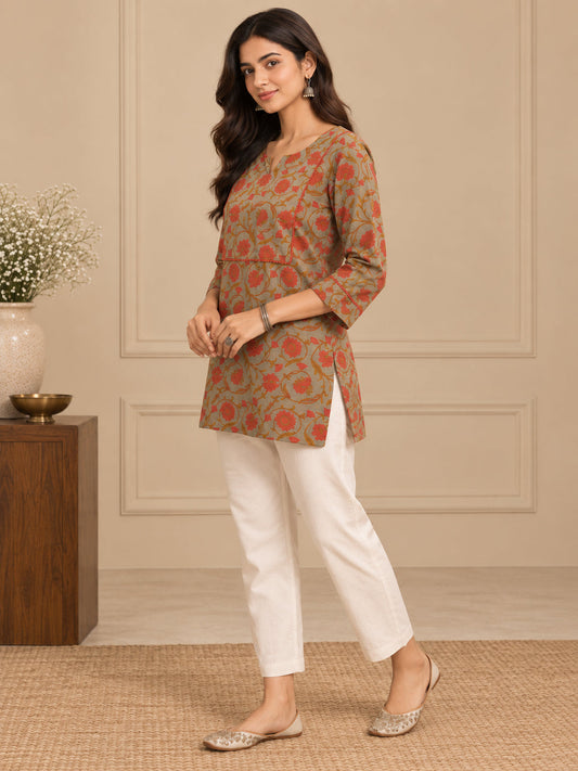Floral Printed Straight Cotton Kurta
