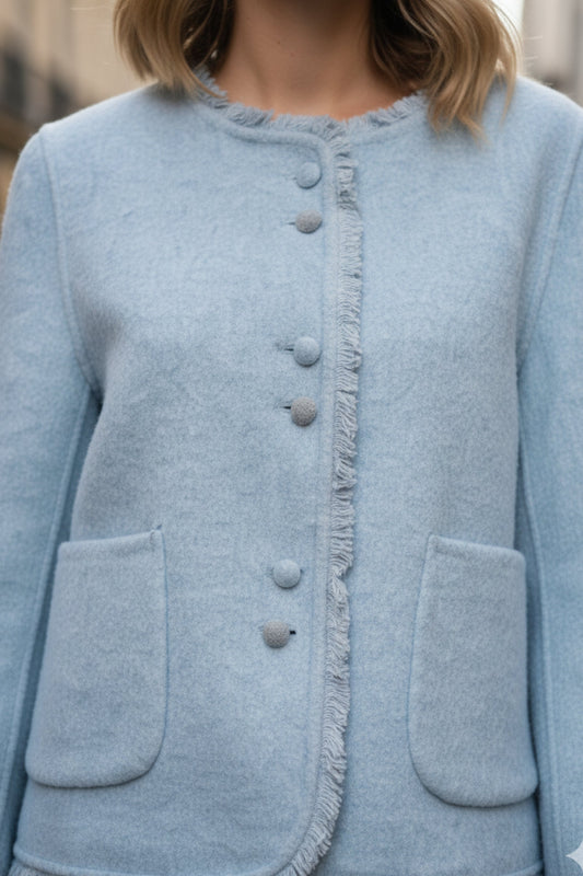 Blue Frayed Double-Sided Cashmere Blazer