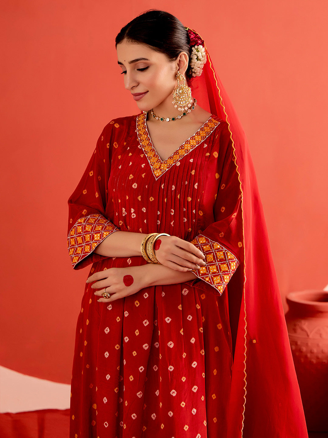 Bandhani Embroidered A-Line Poly Set