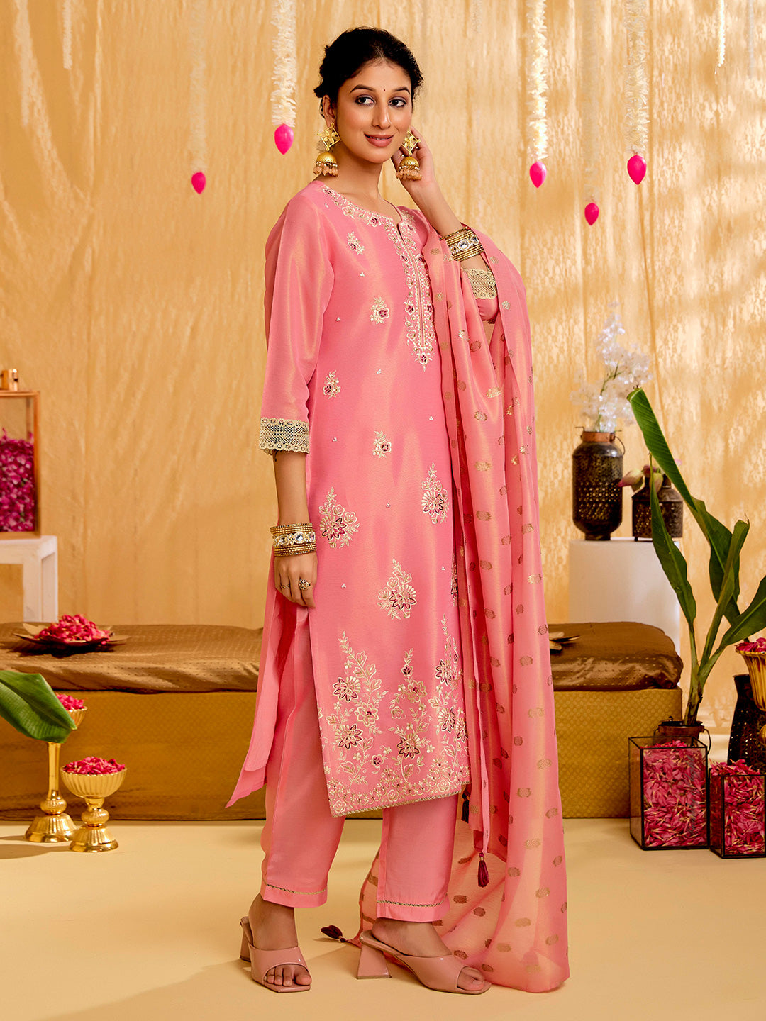Floral Embroidered Straight Tissue Set