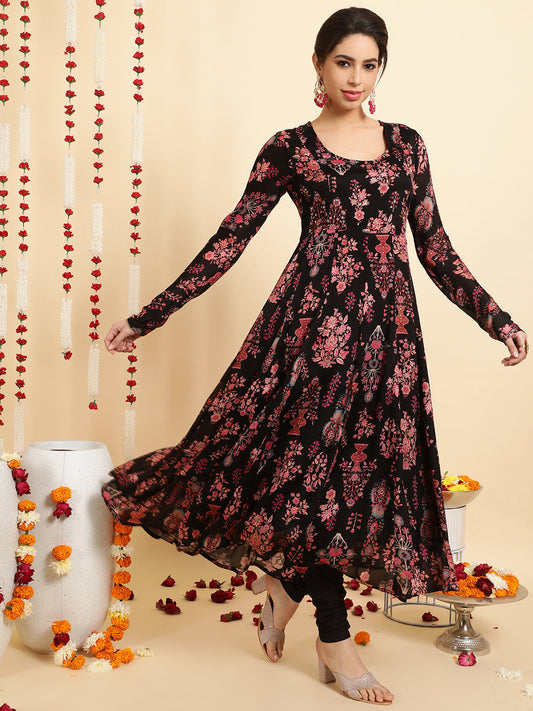 Floral Embroidered A-Line Chinon Set