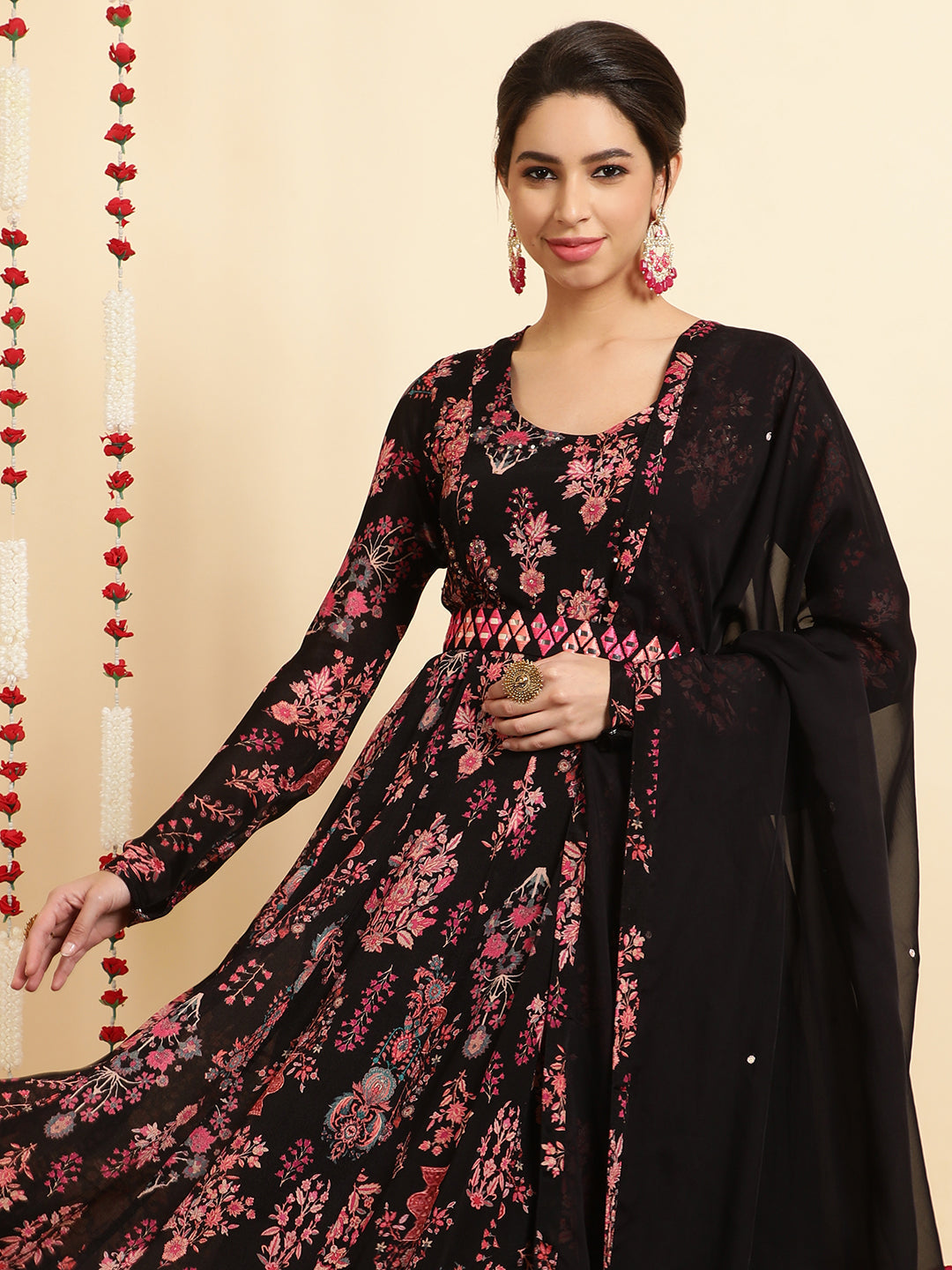 Floral Embroidered A-Line Chinon Set