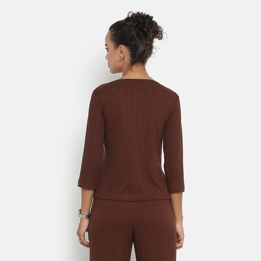 Brown Ribbed Top With Sleeves