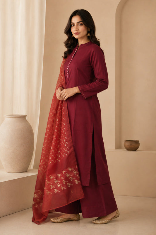 Solid Embroidered Straight Kurta Set