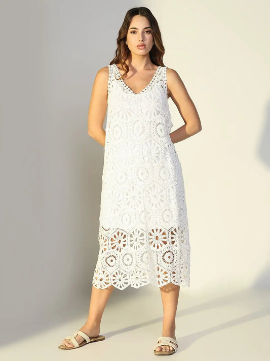 Women's Crochet White Cut Out V-Neck Dress