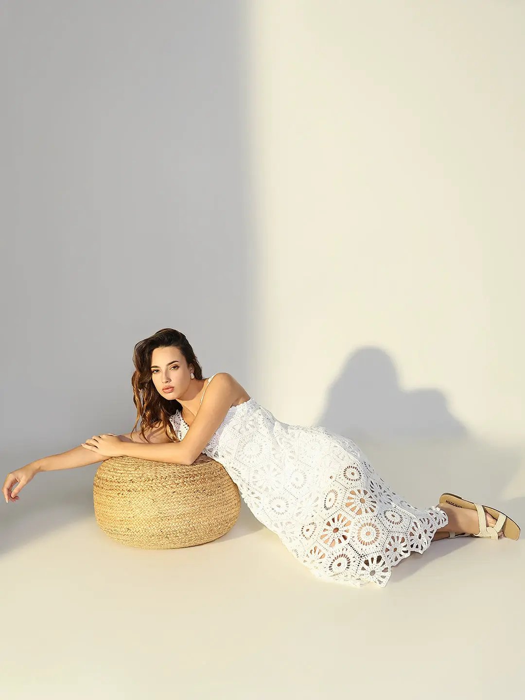 Women's Crochet White Cut Out V-Neck Dress