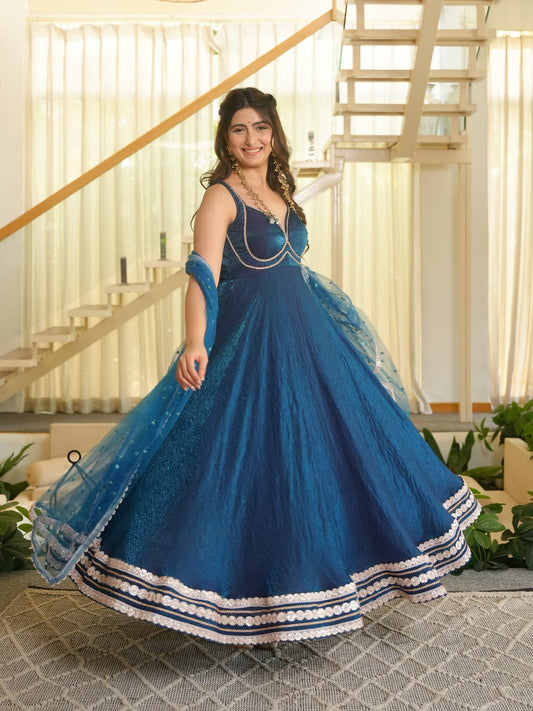 Blue Fendy Silk Fancy Lace Work Gown