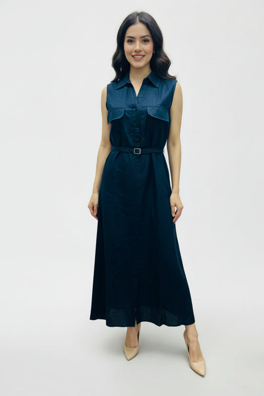 Dark Blue Belted Maxi Dress