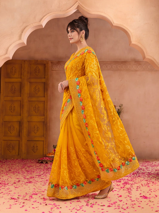 Beautifull Embroidery Yellow Saree