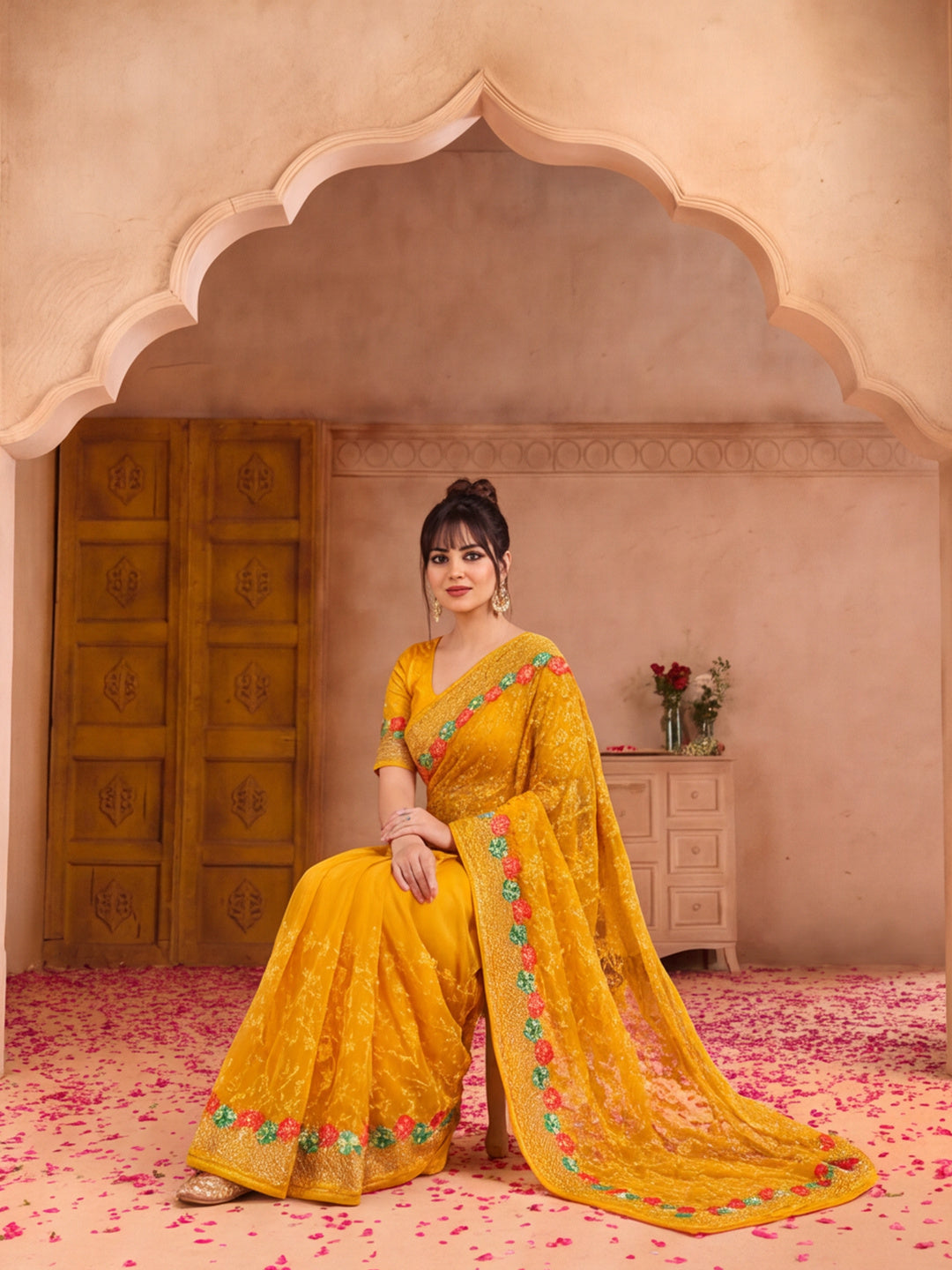 Beautifull Embroidery Yellow Saree