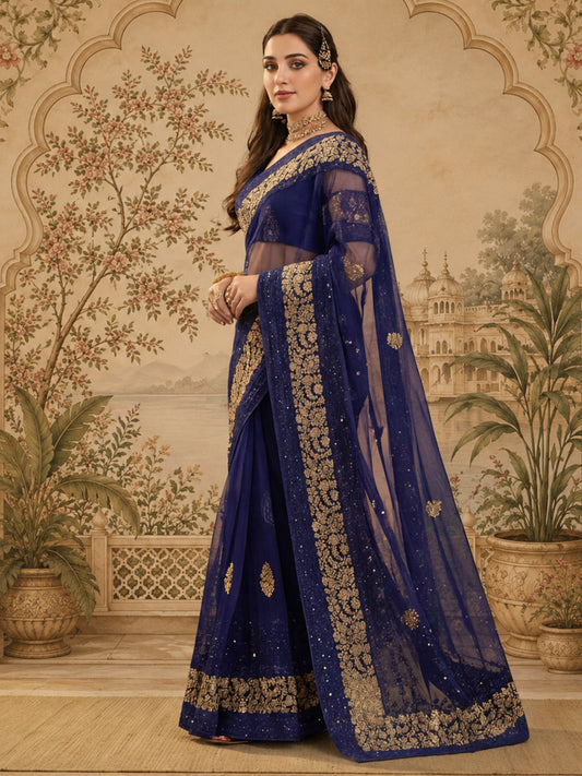 Classic Embroidery Navy Blue Saree