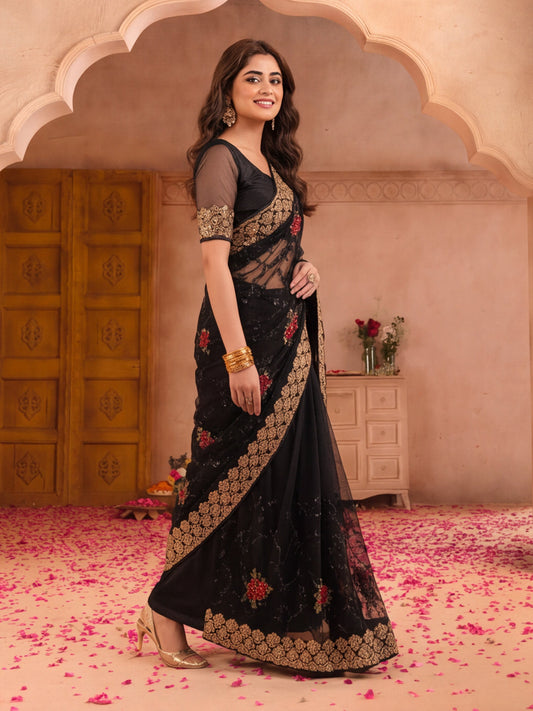 Dashing Embroidery Black Saree