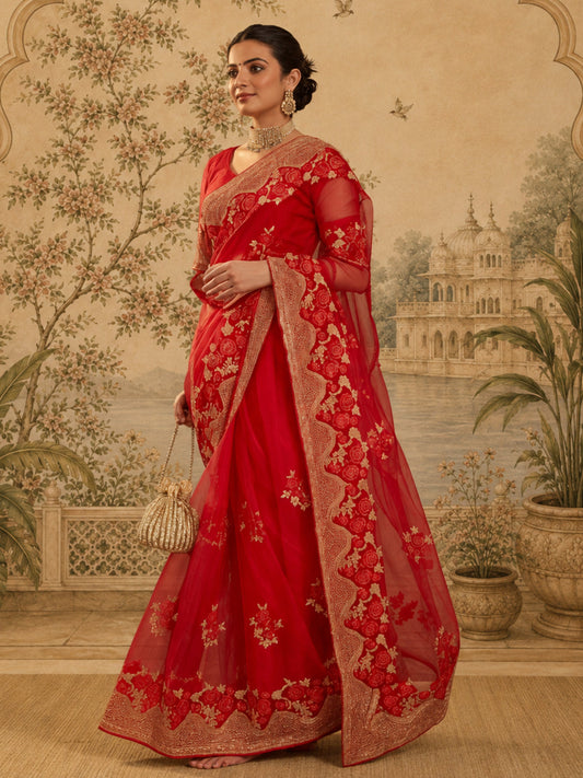 Clasic Embroidery Red Saree