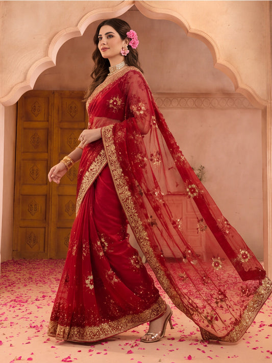 Fancy Embroidery Maroon Saree