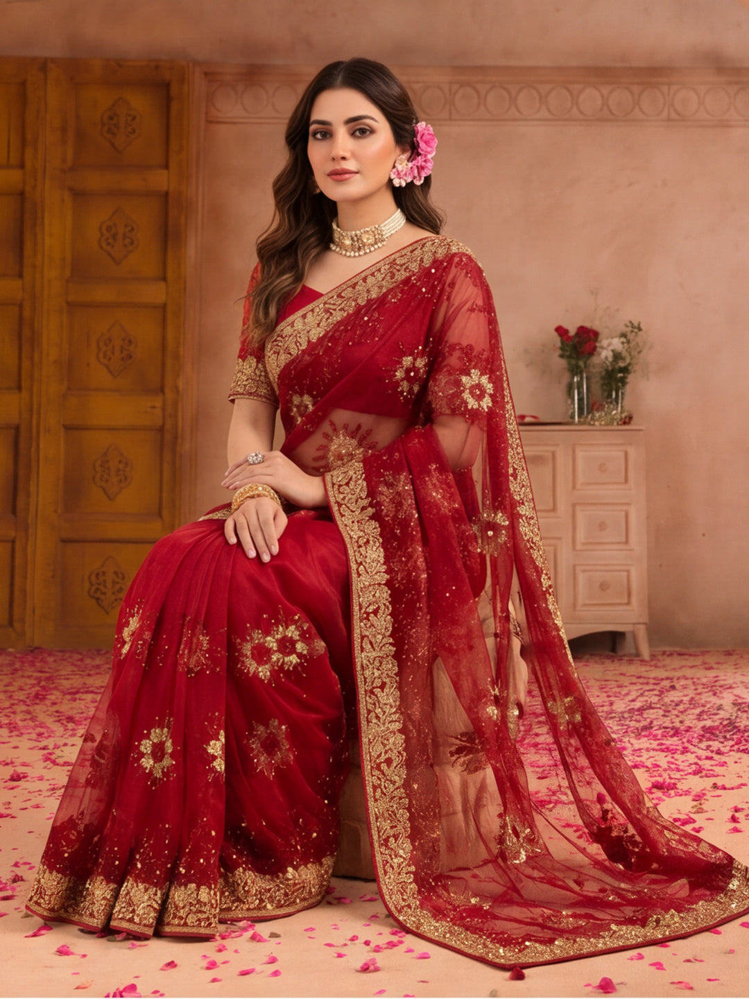 Fancy Embroidery Maroon Saree