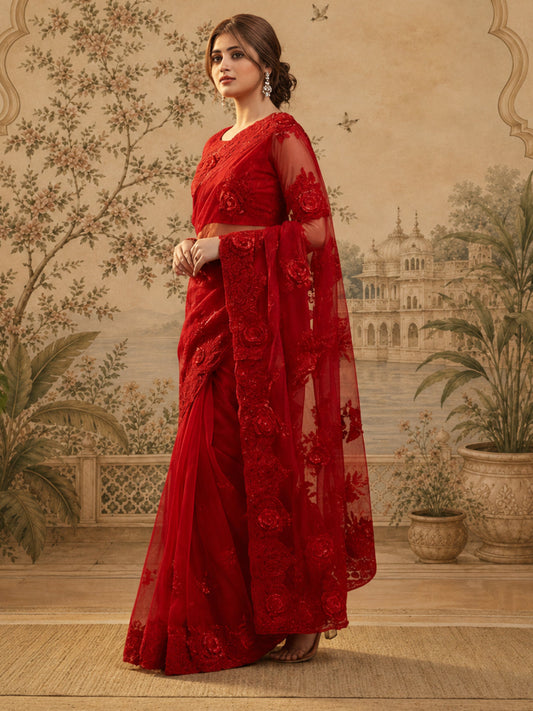 Designer Embroderied Red Saree