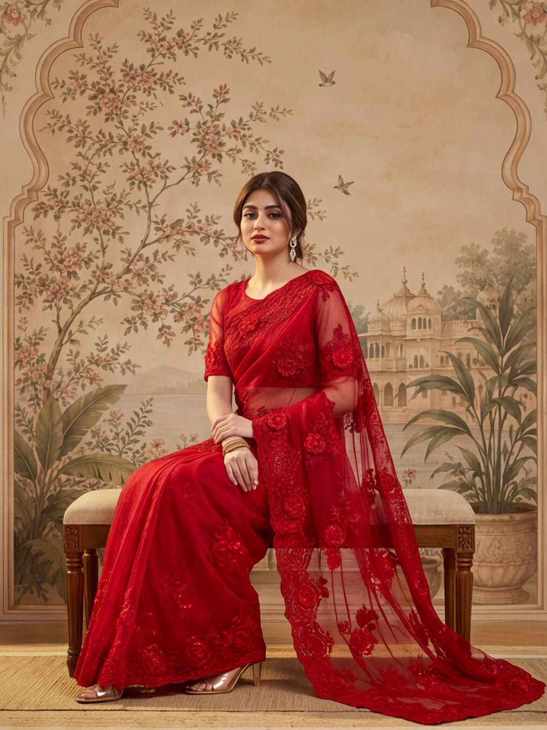 Designer Embroderied Red Saree