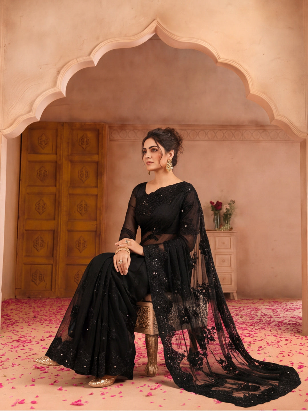 Designer Embroderied Black Saree