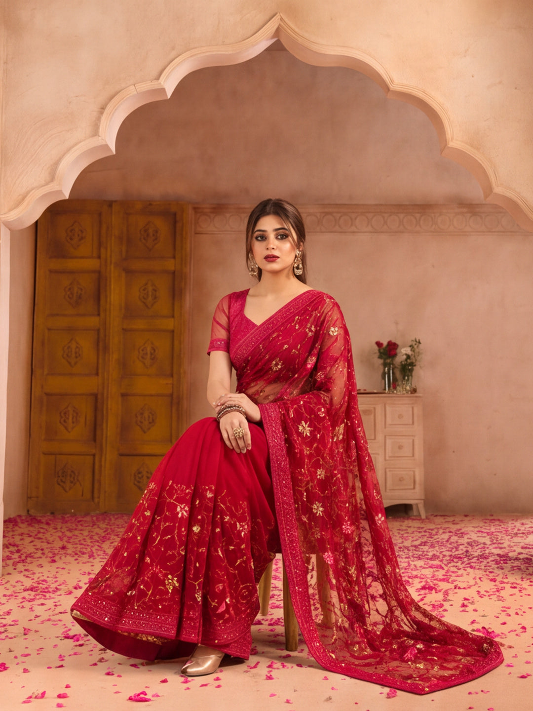 Magenta Embroidered Net Saree