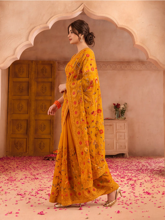 Mustard Embroidered Net Saree
